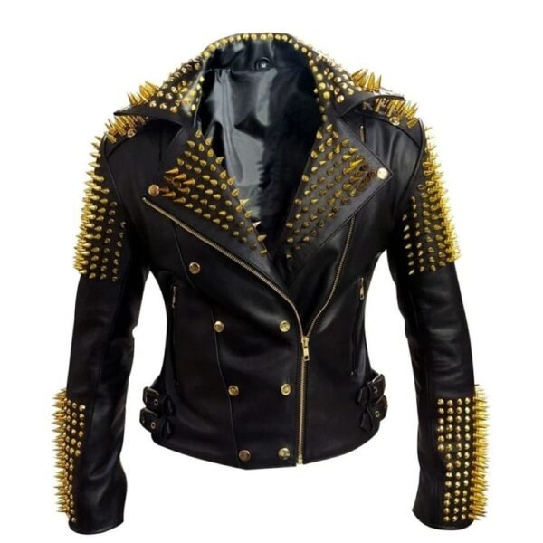 Black leather biker jacket Gold studded women's jacket Rebel fashion statement Chic leather outerwear Versatile wardrobe essential