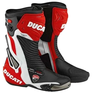 Ducati Leather Boots in Black, White & Red on a motorcycle