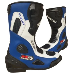 SUZUKI SPORTS MASTER BOOTS BLACK, WHITE & BLUE Suzuki Sports Master Boots Sports motorcycle boots Off-road riding footwear Comfortable motorcycle boots Durable racing boots