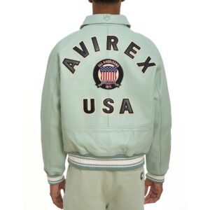 AVIREX ICON LEATHER JACKET IN SEAFOAM