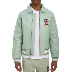 AVIREX ICON LEATHER JACKET IN SEAFOAM