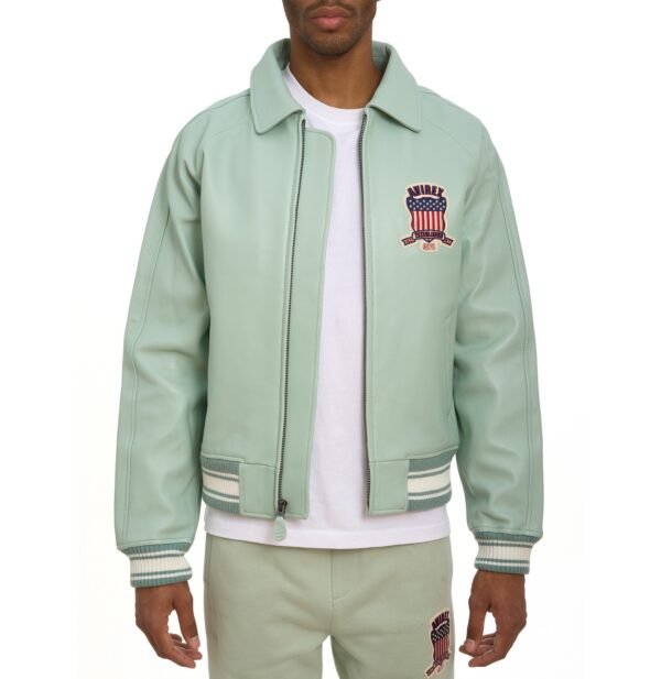 AVIREX ICON LEATHER JACKET IN SEAFOAM