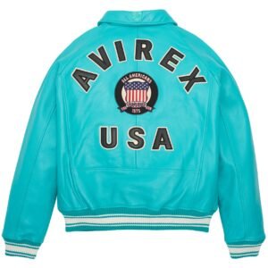 AVIREX ICON LEATHER JACKET IN TURQUOISE