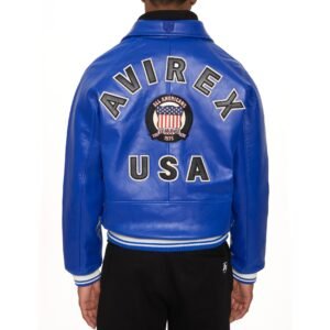 AVIREX ICON LEATHER JACKET IN COBALT