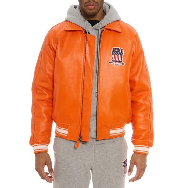 AVIREX ICON LEATHER JACKET IN ORANGE