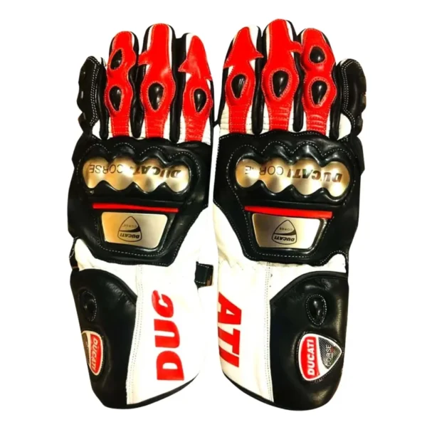 DUCATI MOTORBIKE RACING LEATHER GLOVES BLACK, WHITE & RED