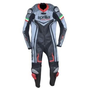 APRILIA MOTORCYCLE RACING BLACK AND GRAY LEATHER SUIT