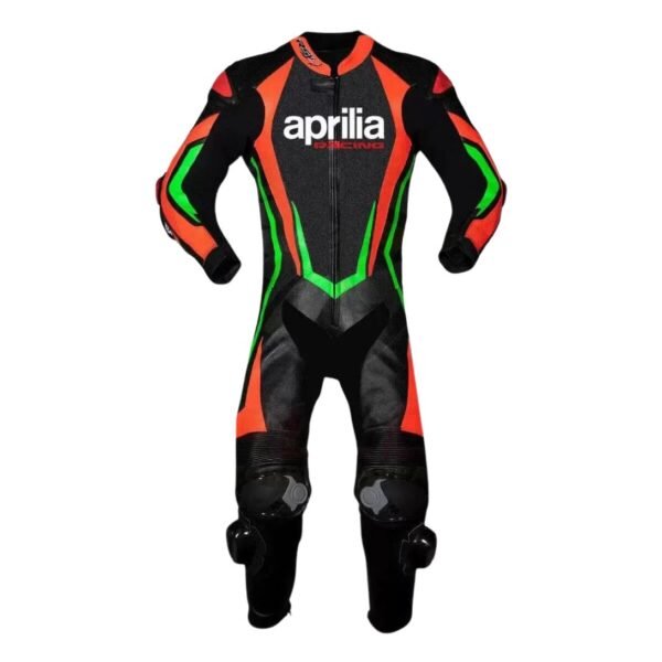 APRILIA MOTORCYCLE RACING BLACK AND ORANGE LEATHER SUIT