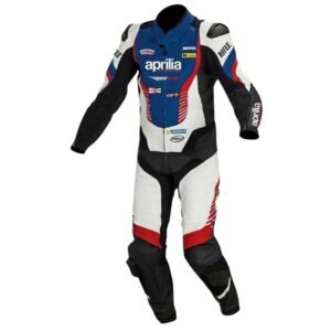 APRILIA MOTORCYCLE RACING BLUE AND BLACK LEATHER SUIT