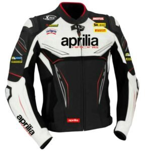 APRILIA BLACK AND WHITE MOTORCYCLE RACING LEATHER JACKET