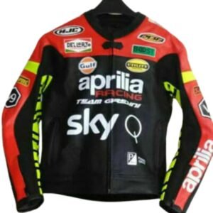 APRILIA MOTORCYCLE RACING BLACK RED LEATHER JACKET