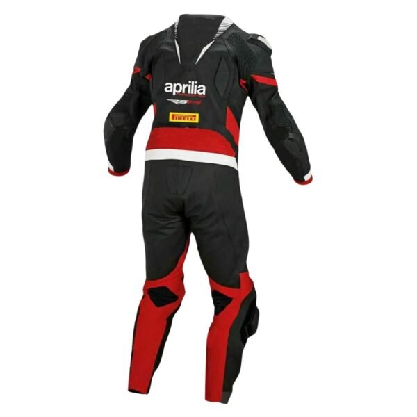 APRILIA MOTORCYCLE BLACK AND RED RACING LEATHER SUIT