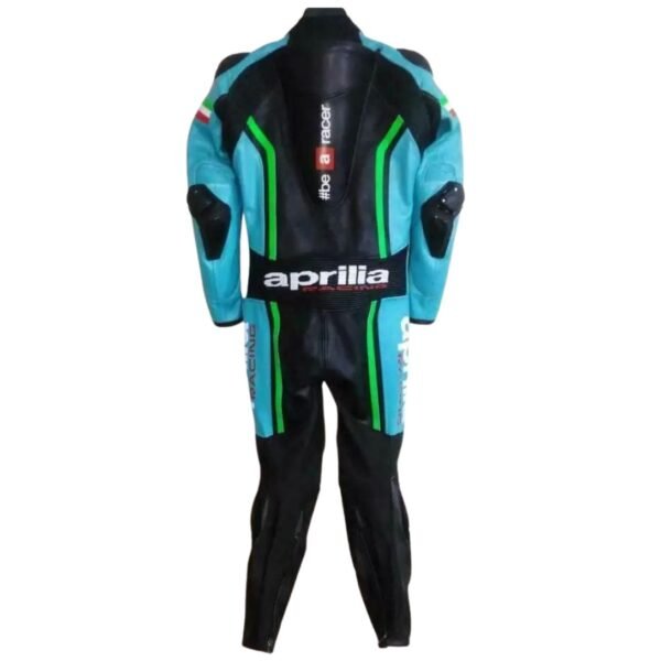 APRILIA MOTORCYCLE RACING BLACK AND BLUE LEATHER SUIT