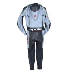 APRILIA MOTORCYCLE RACING BLACK AND GRAY LEATHER SUIT