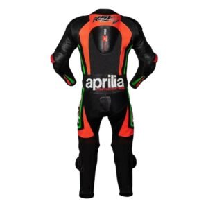 APRILIA MOTORCYCLE RACING BLACK AND ORANGE LEATHER SUIT