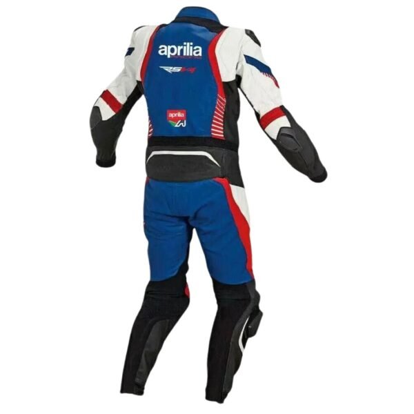 APRILIA MOTORCYCLE RACING BLUE AND BLACK LEATHER SUIT