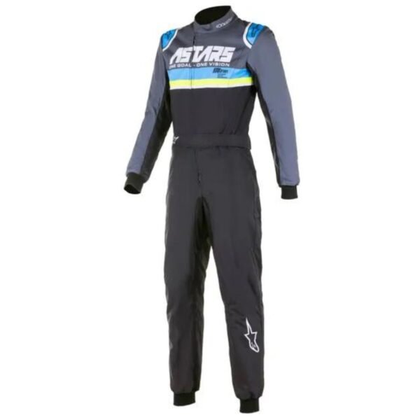 ALPINESTARS KMX 9 V2 S GRAPHIC KART SUIT IN BLACK, CYAN, AND FLURO YELLOW