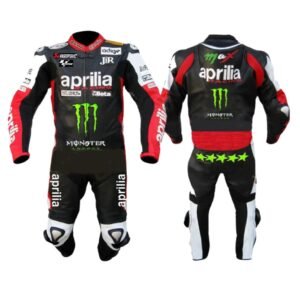 APRILIA BLACK MONSTER RACING MOTORCYCLE LEATHER SUIT WITH SAFETY PADS