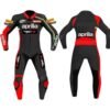 write a description of 300 words of APRILIA BLACK MONSTER RACING MOTORCYCLE LEATHER SUIT WITH SAFETY PADS