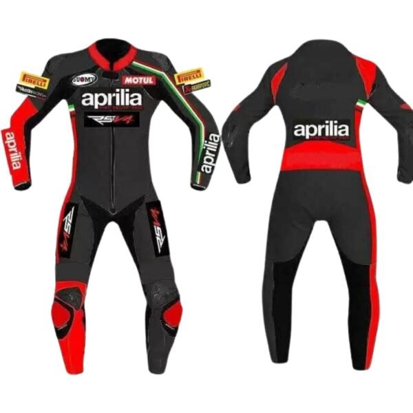 write a description of 300 words of APRILIA BLACK MONSTER RACING MOTORCYCLE LEATHER SUIT WITH SAFETY PADS