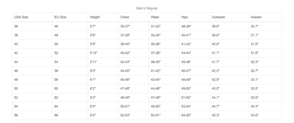 bmw men suit size chart