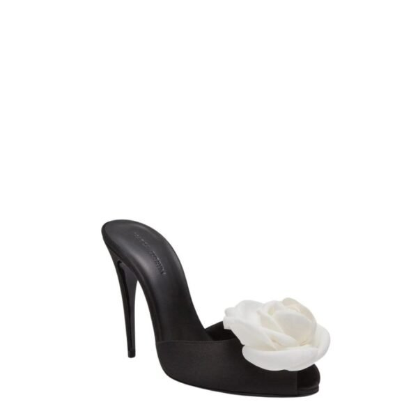 MAGDA BUTRYM FLOWER PEEP TOE MULES IN BLACK SATIN - Image 3