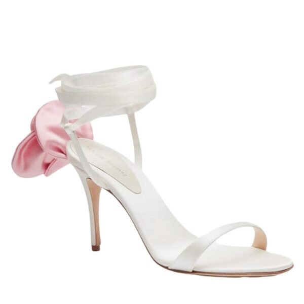 MAGDA BUTRYM PINK FLOWER WRAP AROUND CREAM SATIN HEEL SANDALS - Image 4