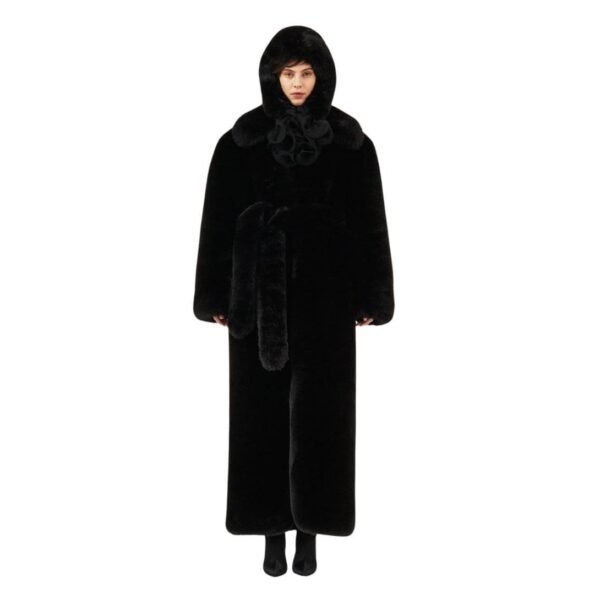 MAGDA BUTRYM LONG FAUX FUR BELTED COAT IN BLACK - Image 4