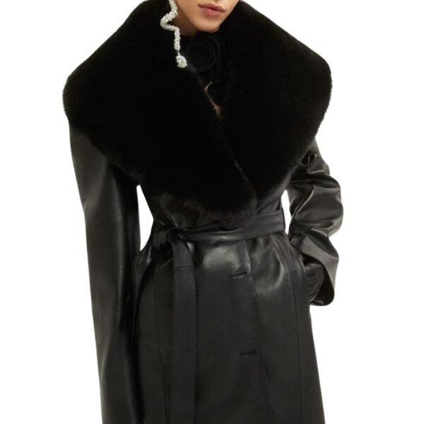 MAGDA BUTRYM LONG FAUX FUR TRIM BELTED LEATHER COAT IN BLACK - Image 7