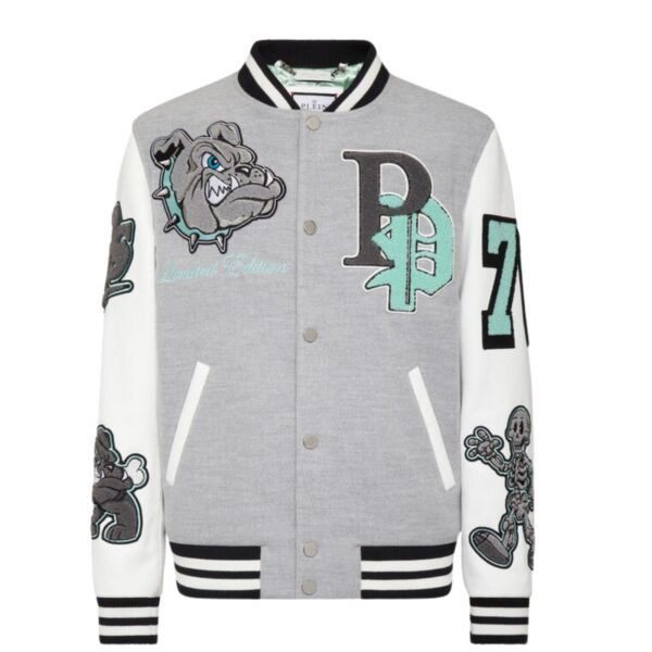 PHILIPP PLEIN WOOLEN CLOTH COLLEGE BOMBER WITH LEATHER ARMS BULLDOGS