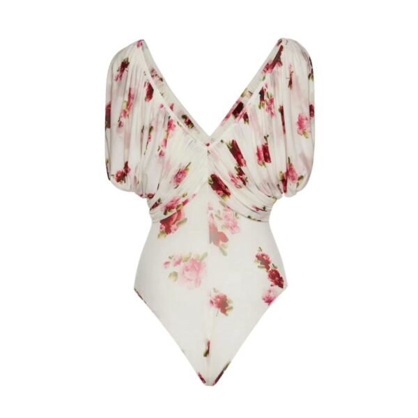 MAGDA BUTRYM RUCHED V NECK BODYSUIT IN CREAM PRINT - Image 2