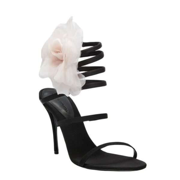 MAGDA BUTRYM SILK-ORGANZA PINK FLOWER HEEL SANDALS IN BLACK SATIN