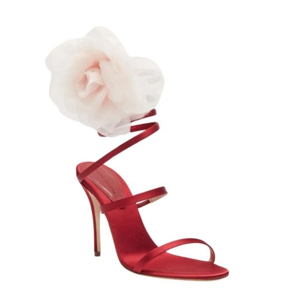 MAGDA BUTRYM SPIRAL SILK-ORGANZA FLOWER HEEL SANDALS IN RED SATIN - Image 2