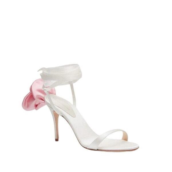 MAGDA BUTRYM PINK FLOWER WRAP AROUND CREAM SATIN HEEL SANDALS - Image 3