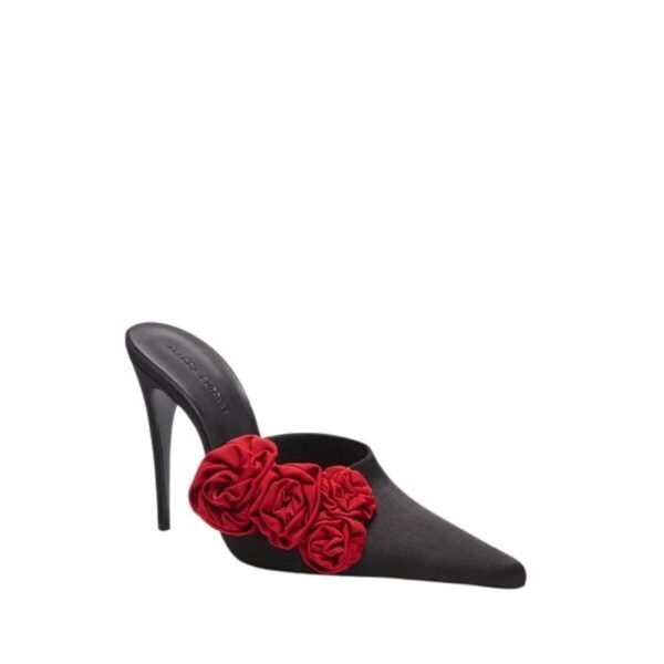 MAGDA BUTRYM RED FLOWER APPLIQUE POINTED MULES IN BLACK SATIN - Image 3