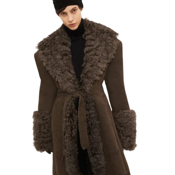 MAGDA BUTRYM LONG BELTED SUEDE SHEARLING COAT IN BROWN - Image 4