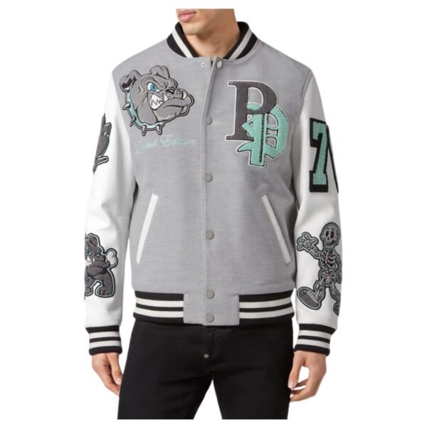 PHILIPP PLEIN WOOLEN CLOTH COLLEGE BOMBER WITH LEATHER ARMS BULLDOGS - Image 2