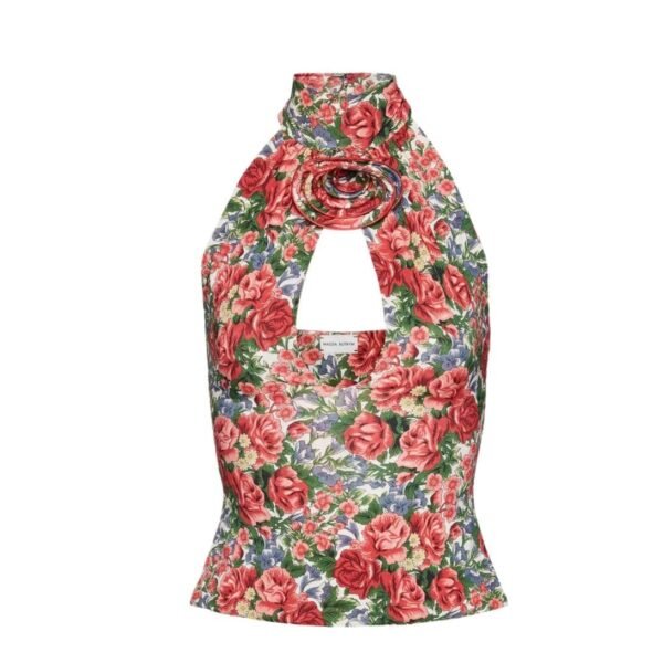 MAGDA BUTRYM KEYHOLE HALTER TOP IN RED FLORAL PRINT