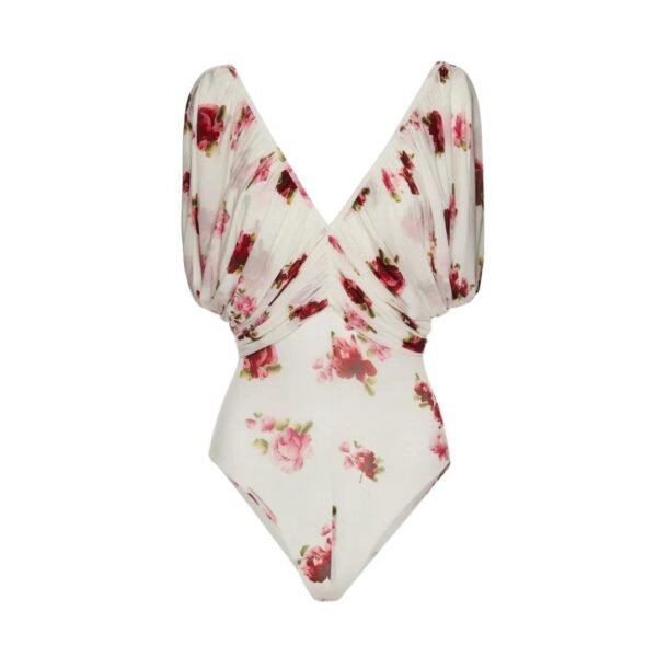 MAGDA BUTRYM RUCHED V NECK BODYSUIT IN CREAM PRINT