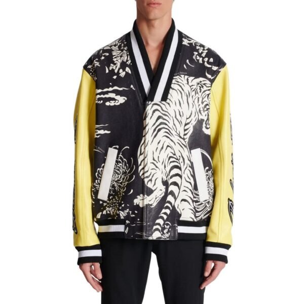  BALMAIN LEATHER VARSITY JACKET WITH TIGER PRINT - Image 5