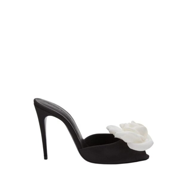 MAGDA BUTRYM FLOWER PEEP TOE MULES IN BLACK SATIN