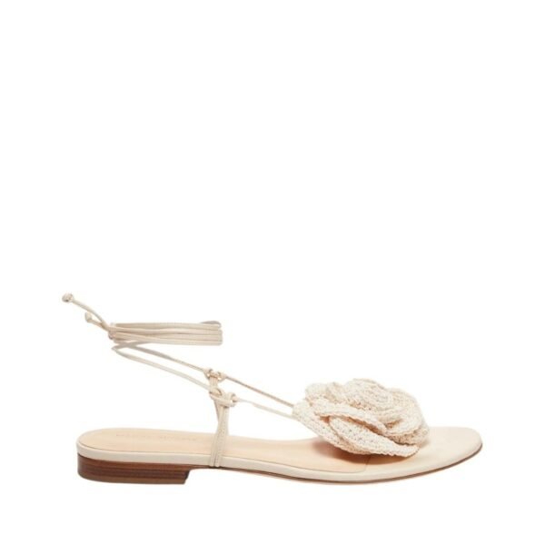 MAGDA BUTRYM WRAP AROUND FLAT FLOWER SANDALS IN CREAM CROCHET