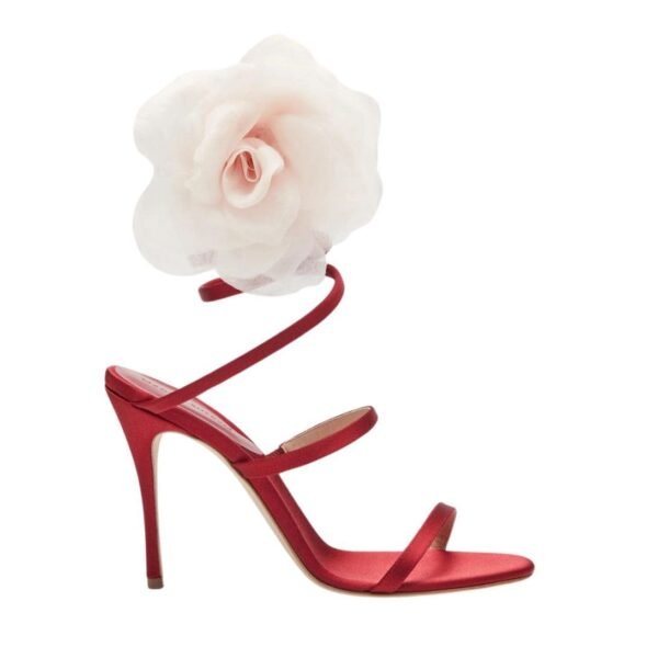 MAGDA BUTRYM SPIRAL SILK-ORGANZA FLOWER HEEL SANDALS IN RED SATIN