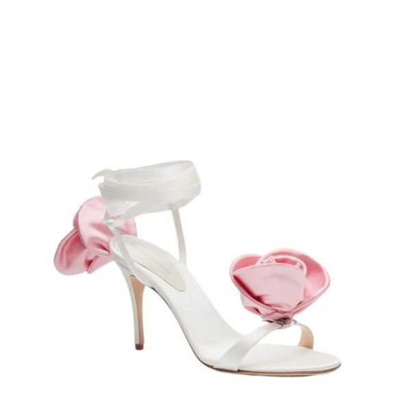 MAGDA BUTRYM PINK FLOWER WRAP AROUND CREAM SATIN HEEL SANDALS - Image 4