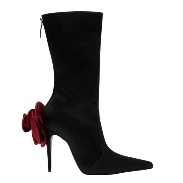 MAGDA BUTRYM RED FLOWER SHARP POINTED CALF BOOTS IN SATIN