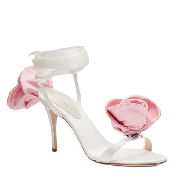 MAGDA BUTRYM PINK FLOWER WRAP AROUND CREAM SATIN HEEL SANDALS