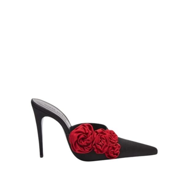 MAGDA BUTRYM RED FLOWER APPLIQUE POINTED MULES IN BLACK SATIN