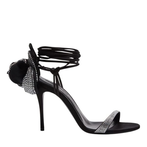 MAGDA BUTRYM FLOWER WRAP AROUND BLACK SATIN HEEL SANDALS WITH STRASS - Image 2