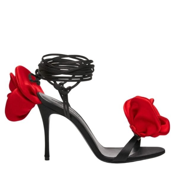 MAGDA BUTRYM DOUBLE RED FLOWER HEEL SANDALS IN BLACK SATIN - Image 3