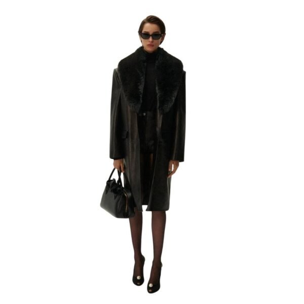 MAGDA BUTRYM OVERSIZED CLASSIC MIDI COAT IN BLACK LEATHER WITH FAUX FUR - Image 3